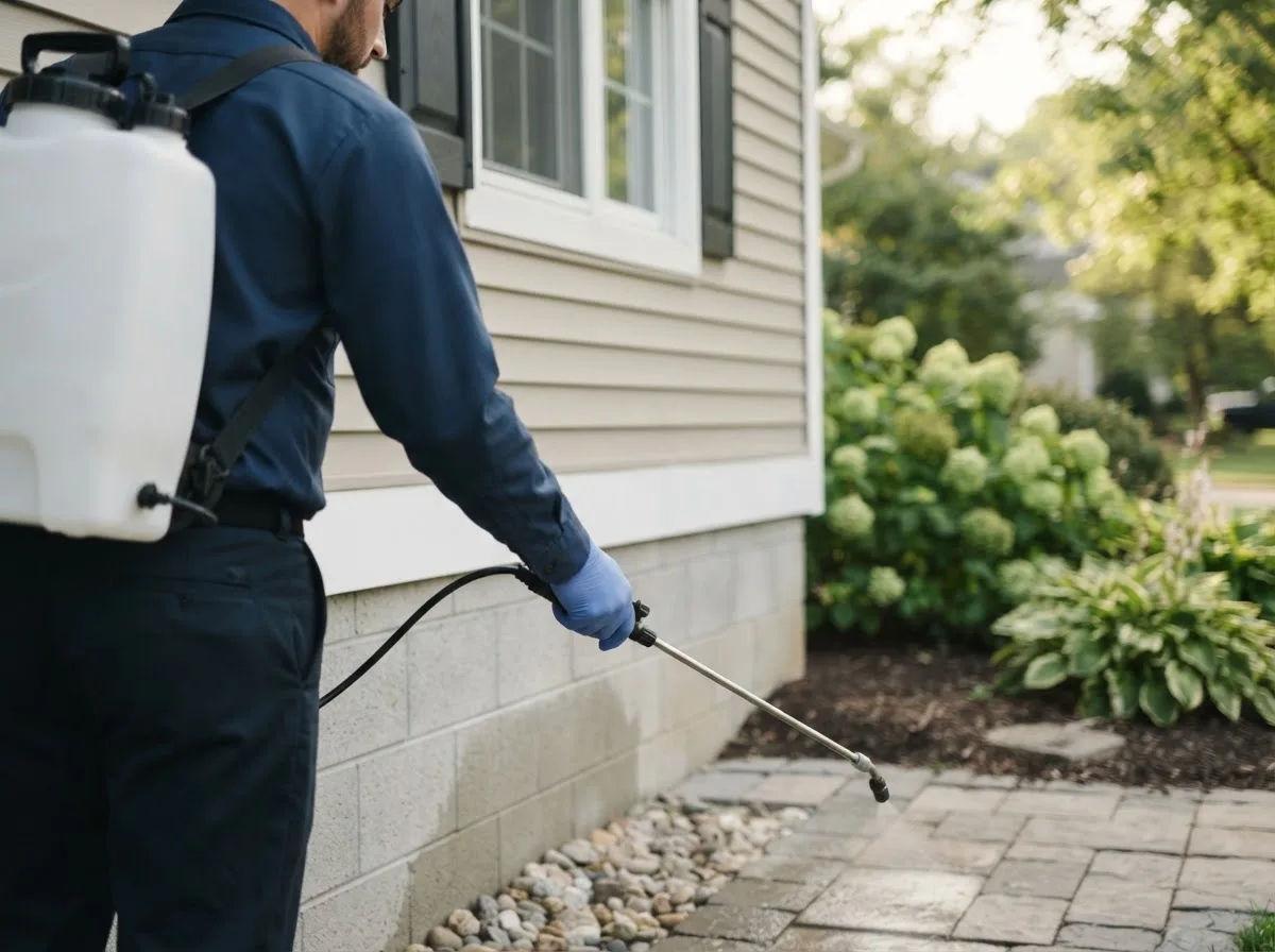 Pest control technician inspecting a home in Albert, KS